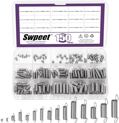 Swpeet - Kit di assortimento da 150 pezzi di molle di estensione in acciaio inossidabile, 15 diverse misure, con doppio gancio, molle meccaniche piccole per riparazioni domestiche