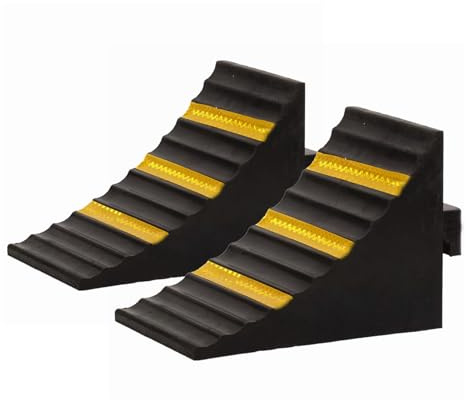ybaymy Wheel Chocks 2 Pack Caravan Chocks Brake Stoppers Ridged Wedges 25 x 16 x 19cm Large Rubber Heavy Duty Trailer Chocks With Handle with and Yellow Strips for Cars Caravan Motorhome Motorbike