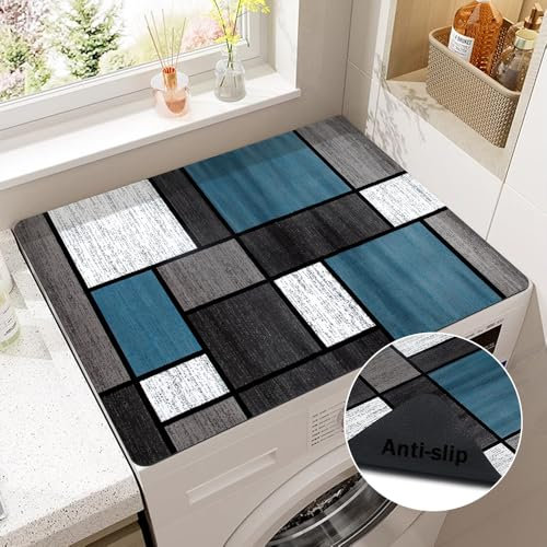 Odot Tapis de Protection pour Dessus de Machine à Laver, Bleu Antidérapant Housse de Machine à Laver pour Machine à Laver ou Sèche-Linge Buanderie Réfrigérateur Cuisine (géométrie Bleue,40x60cm)