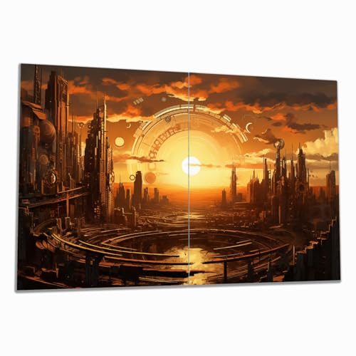 Wallario Herdabdeckplatte/Spritzschutz aus Glas, 2-teilig, 80x52cm mit 8 mm hohen Füßen, für Ceran- und Induktionsherde, Sonnenportal in die Zukunft