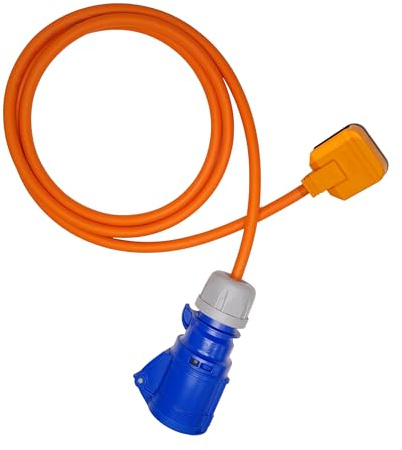 Cable Assembly Innovations Fly Lead Converter Cable, 13A to 16A, 10m, Orange, 230V AC, Type G Plug, Male to Female, Power Adapter Cable for Caravans, Motorhomes, Generators, Camping Equipment