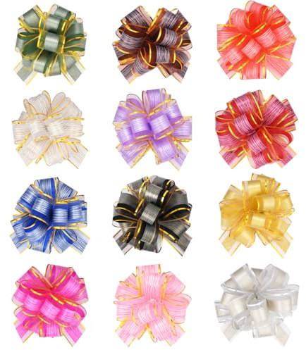 HOTUT Fiocchi per Confezioni Regalo, 12 Pezzi Fiocchi di Organza Tipo Self-Pull, Fiocco Grande Regalo Fiocchi Regalo Fiocchi di Nastro Grandi per Natale Coccarde Autotiranti Fiocco, Multicolore