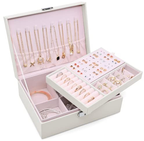Sciphylia Boîte à Bijoux Femme Verrouillable Organisateur de Bijoux 2 Couches Grande Capacité Boite de Rangement avec Plateau Amovible pour Bagues, Boucles d'oreilles, Colliers, Bracelets, Blanc