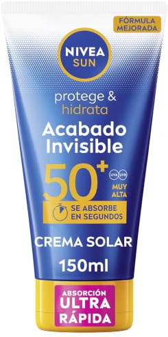 NIVEA SUN Protege & Hidrata Acabado Invisible SPF 50+ (150 ml), Loción Solar de textura ligera, protector hidratante con Ácido Hialurónico, crema protectora resistente al agua