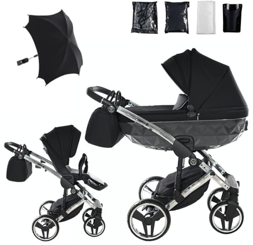 Junama Kinderwagen Diamond S 01 Schwarz und Silber - 2in1 3in1 4in1 mit Sonnenschirm (2 in 1)