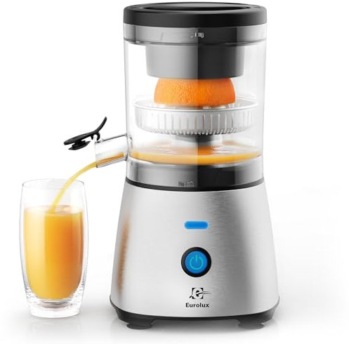 Eurolux Presse-agrumes électrique en acier inoxydable | Presse-agrumes mains libres de qualité supérieure pour oranges, citrons et citrons verts | Fonctionnement silencieux, facile à nettoyer, petit