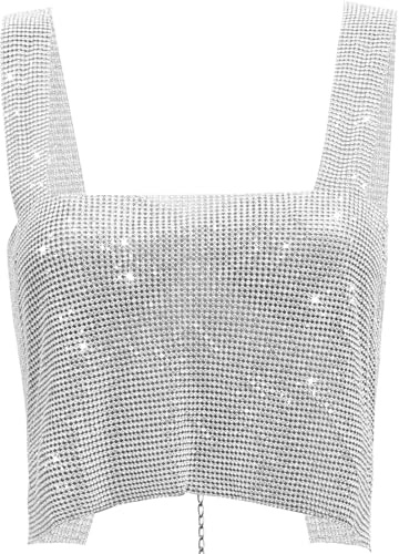 Disco Party Sexy Metallic Pailletten Glitzer Strass Neckholder Weste Rückenfrei Crop Deep V Tank Tops Cami Kette Top