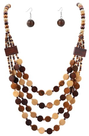 MILAKOO Chunky Hölzerne Halskette für Frauen lange Retro Schichtung Halskette Choker Erklärung braun Jewerly