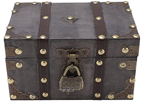 Baxnore Cassa del tesoro in legno vintage, scatola di stoccaggio rinforzata in lega con serratura combinata, cassa di stoccaggio in legno per gioielli da collezione 18x10cm
