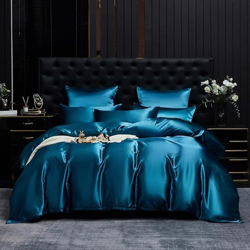 Gezu Housse de Couette Satin 220x240cm Bleu foncé Parure de Lit Satin Lisse Soyeux Brillant Doux Sets de Housse de Couette 2 Personnes Linge de Lit avec 2 Taies d'oreiller 65x65 avec Fermeture Éclair