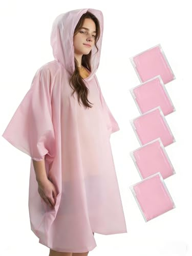 Kashack 5/10 stycken engångsregnponcho transparent för kvinnor och män – 100 % vattentät regnponcho med huva lätt för vandring camping och resor nödponcho, Rosa 5 stycken, 100