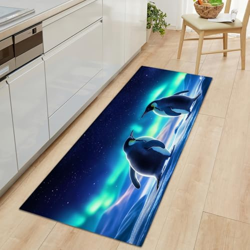 Generico Passatoie Lunghe per Corridoio 80 x 300 cm, Tappeto Antiscivolo Blu, Tappeto Stretto Lavabile Aurora Boreale Neve Cielo Stellato Pinguino per Scale Cucina Ingresso Corridoio