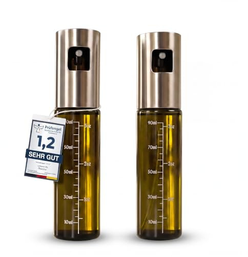 Leisure Life® | NEUEINFÜHRUNG | 2er Set Ölsprüher | 1 mm Edelstahlmantel | UV-Schutzglas | BPA-frei | 100 ml Ölzerstäuber für Olivenöl & gesundes Kochen (Jade Green & Jade Green – UV)