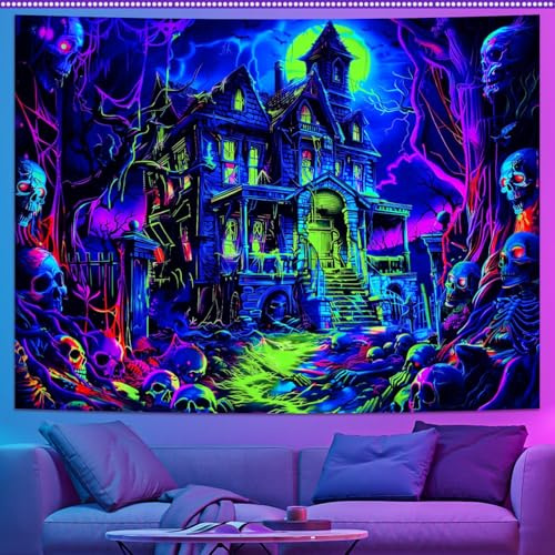 DELAESI Halloween Wandteppich UV Reaktiv Wandteppich Schloss Happy Halloween Banner mit Schädel Geist Schloss Fledermause Wandteppiche für Zimmer (200 x 150cm)