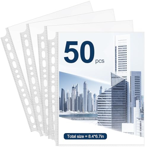 Ferizzia 50 Stück A5 Klarsichthüllen, Prospekthüllen A5 Extra Stark | 7 Löcher Prospekthüllen A5 Glasklar, Verbreiterte Seiten, Prospekthülle Oben Offen, für Dokumente Papiere Akten Ordner