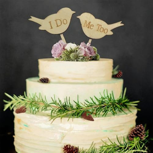 Wedding Cake Topper, Mr and Mrs Cake Topper, Wedding Cakes Decorations, HSC I DO ME TOO Love Birds Wooden Cupcake Toppers for Engagement, Anniversary Party