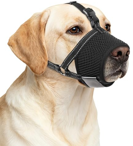 SuplutuX Dog Muzzle with Reflective Strip - Adjustable, Breathable Nylon Mesh - Prevents Biting, Allows Drinking and Eating, L