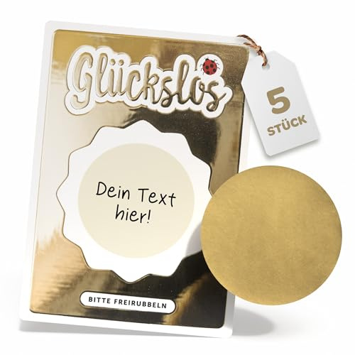 Glückslos Rubbelkarten zum selber beschriften, Rubbellose selber machen | 5 Stück, mit Golddlack und Rubbelaufkleber, Gutscheine zum selber ausfüllen, goldenes Ticket, personalisierte Geschenke Lose