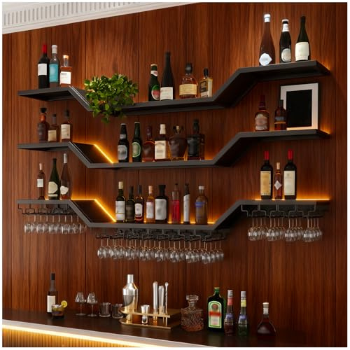 200cm Botellero de pared con luz led, 3 niveles moderno botellero de metal con portavasos de, estante flotante de pared para vino,gabinete para decoración del hogar, restaurante, bares (Negro, 200cm)