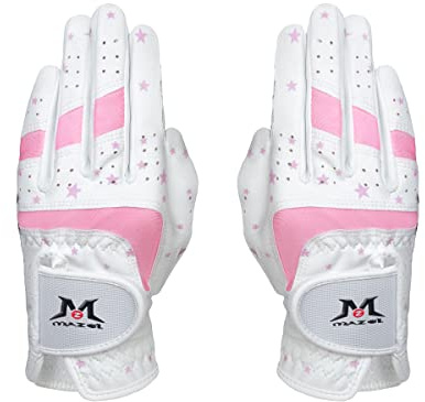 MAZEL Guanti da golf per bambini, mano sinistra e destra, con poliuretano di alta qualità, tessuto a rete traspirante per una migliore presa, disponibili S M L (stelle rosa, M)