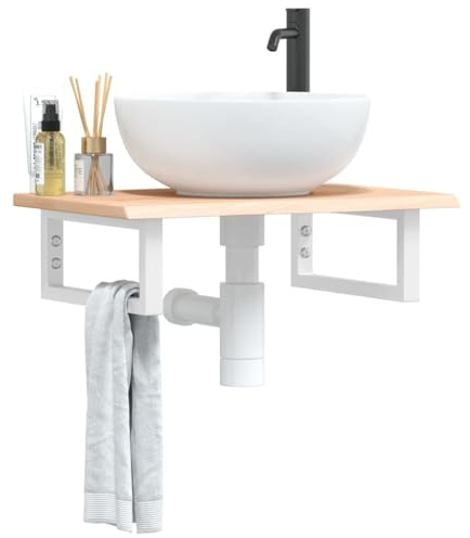 Frdhee Mobile da bagno alto, piano lavabo con supporto in acciaio e legno massello rovere lavabo da appoggio per bagno, soggiorno, sala da pranzo, cucina