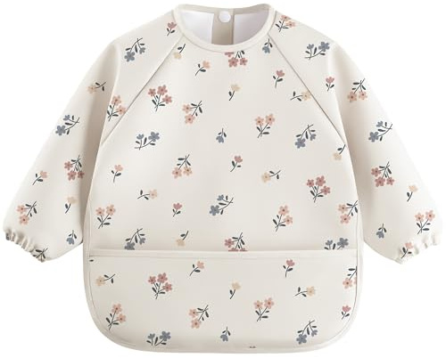 bearmoss Baby Feeding Bibs Long Sleeve Bibs Waterproof Baby Bibs with Sleeves for Unisex Baby Boy Girl Infant Toddler (Flower)