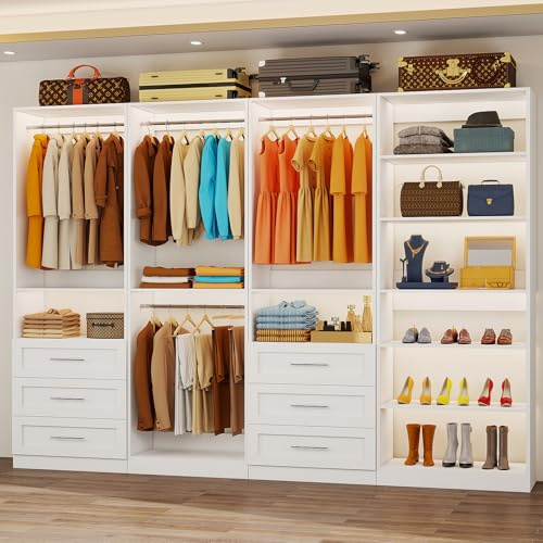 Closet System Set of 4, 8-21FT Closet System with 6 Drawers, 8 Shelves & 8 Hanging Rods, Custom Walk in Closet Organizer System Adjustable, Max 252“ Modular Closet Storage System Wood, White