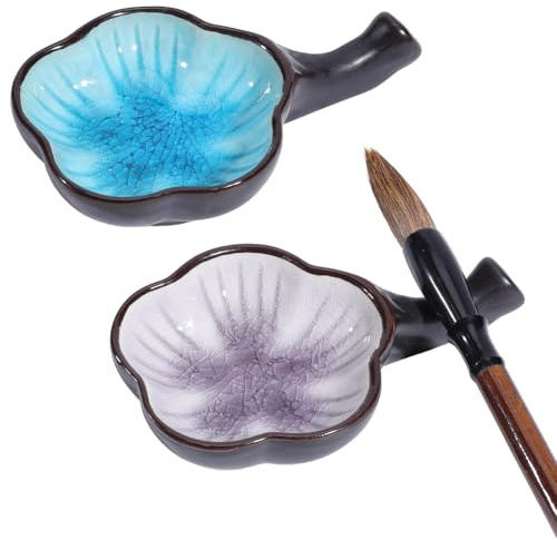 CRAFTYMELODY 2Pcs Porcelain Ink Dish with Handle Flower Ceramic Ink Plates Chinese Calligraphy Painting Brush Holder Paint Pallets Multifunctional Paint Brush Holder for Calligraphy Painting Prints