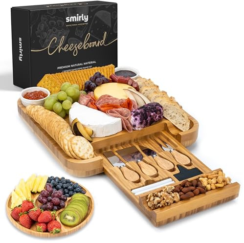 SMIRLY Charcuterie Large Bamboo Cheese Board Set for Serving - House Warming Gifts for New Home, Wedding, Bridal Shower & Birthday, for Women
