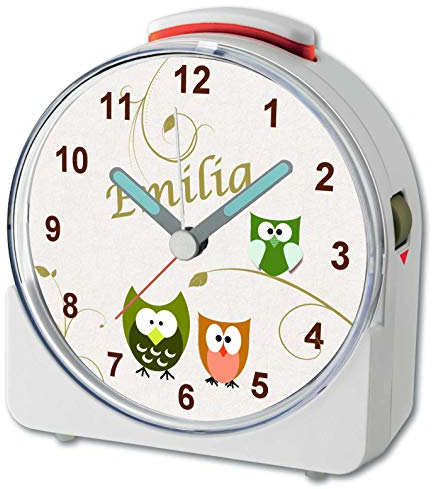 CreaDesign, WU-71-1007-22, Eule Grün Beige, analog Kinderwecker weiß, Funkwecker mit Sweep-Uhrwerk und fluoreszierenden Zeiger und Licht, personlisiert mit Namen, 10,2 x 4,6 x 11 cm