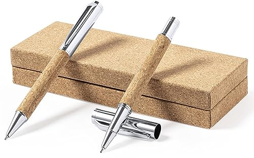 Nachhaltiges Schreibset mit Drehkugelschreiber und Tintenroller aus verchromten Metall und Kork Corpus, ökologisches Schreibset Kuli Rollerball im Geschenkset