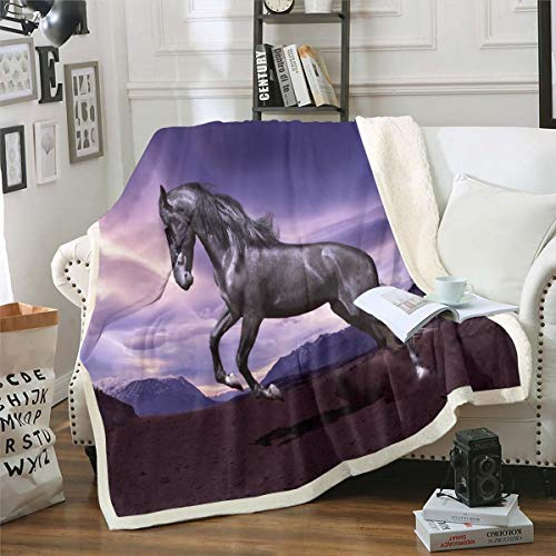 3D Black Horse Fleece Blankets Galloping Horse Printed Throw Blanket for Kids Boys Teens Wild Animal Pattern Sherpa Blanket Wildlife Fuzzy Blanket for Chair Office Plush Blankets Double 60x79