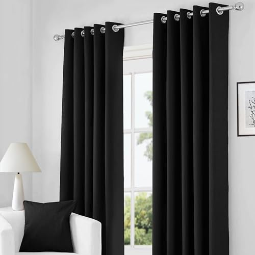 RayyanLinen Readymade Blackout Thermal Eyelet Ring Top Pair of Curtains Including 2 free Tiebacks (BLACK, Width 46 x Drop 72)