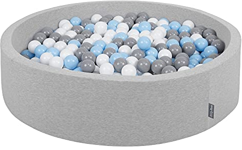 KiddyMoon Bällebad 120X30cm/200 Bälle Rund Groß Bällepool Mit Bunten Bällen Für Babys Kinder, Hellgrau:Grau-Weiß-Babyblau