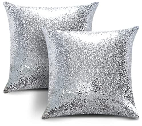 JOTOM Funda de Cojín de Lentejuelas,Funda de Almohada de Satén Brillante Lentejuelas Color Sólido,Decoració para Hogar Sofá Cama de Boda Sala de Estar Fiesta,Juego de 2 (Plata, 45x45cm)