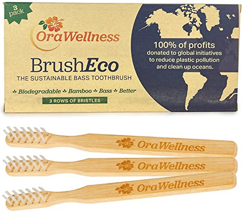 OraWellness Bamboo Toothbrush, Sustainable BrushEco with 3 Rows, Biodegradable Wooden Toothbrush for Healthy Mouth, Gums & Teeth, Reducing Gum Disease, BPA Free & Made in USA, 3 Pack