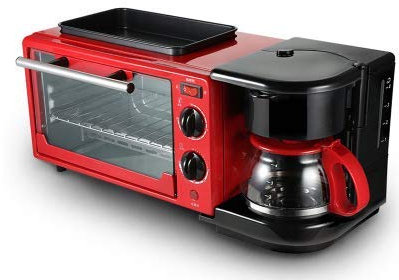 Macchina per la colazione 3 in 1 600 W + 750 W teppanyaki + 750 W forno forno pane tostapane / uovo fritto / caffettiera rosso