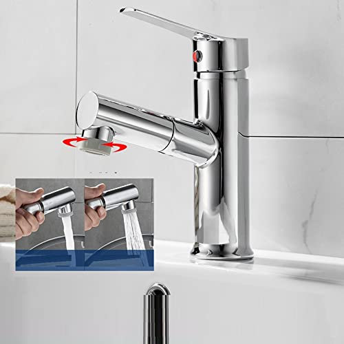 Washbasin Pull-Out Faucet Washbasin Undercounter Basin Retractable All-Copper Household Hot and Cold Faucet, Silver