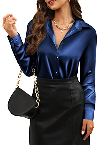 Womens Soft Satin Silk Button Down Shirts for Women Silky Long Sleeve Work Shirt Dress Blouses Tops Navy Blue M