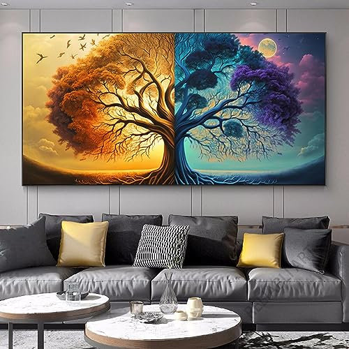 GEMMII Astratto fantastico albero della vita Stampa su Tela Incorniciata dipinto moderno albero colorato paesaggio arte della parete per soggiorno decorazione della casa quadro 60x120 cm