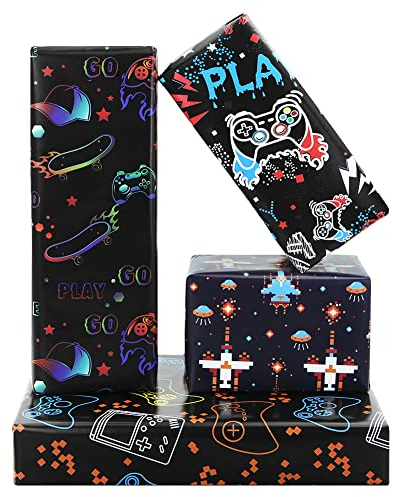 Spiel-Geschenkpapier für Jungen, Kinder, Familie, Freunde, Spieleliebhaber, 4 Designs, 4 Bögen: 50 x 70 cm pro Blatt, Gaming-Geschenkpapier, Videospiel, schwarzes Geschenkpapier für Geburtstag und