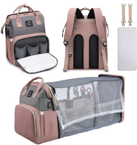 AFDLLDQM Diaper Bag Backpack, Multifunctional Baby Diaper Bag, Diaper Changing Station, Large Capacity Travel Baby Bag, Pink, M
