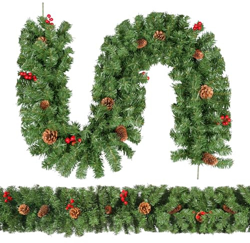 himaly 180 cm/6ft Weihnachts Girlanden mit Tannenzapfen, Roten Beeren, Künstliche Rattangirlanden Grün Kranz, Weihnachtliche Hängetreppe Fenster Kamin Wand Weihnachtsdekoration