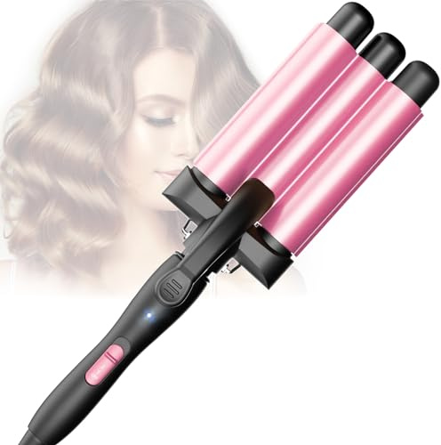 Rizador de 25 mm Plancha ondulada de 3 barriles - Rizador de pelo Rizador de calentamiento rápido ajustable para cabello largo y corto, rosa