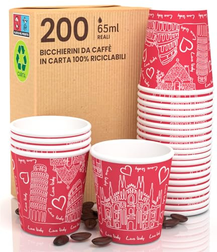 200 kaffemuggar av papper, 65 ml, Italien, röd, miljövänlig, biologiskt nedbrytbar, engångsmugg, liten, att ta med sig, varma drycker