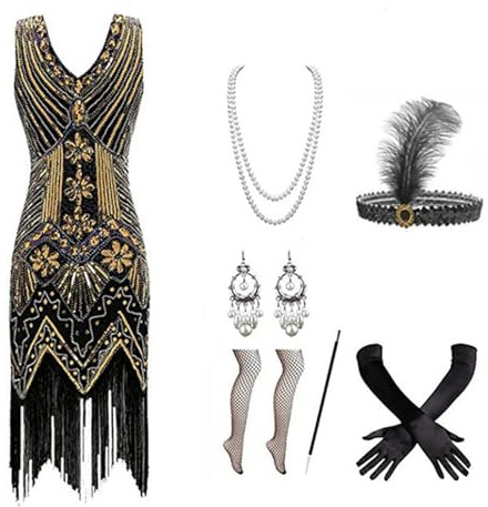 Gammify Abito da sera da donna anni '20, con scollo a V, con perline e frange, set di accessori 20, nero e oro, XL