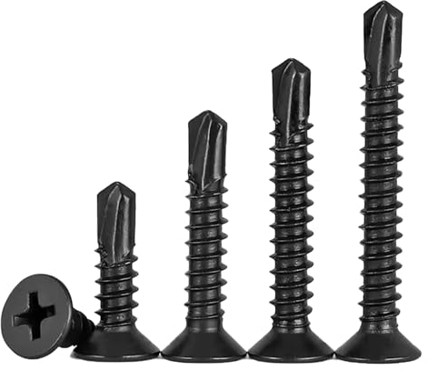 FandWay 100 Stück M4.2 x16mm Flachkopf Selbstbohrende Schrauben aus Kohlenstoffstahl,Schwarzoxid Blechschrauben Set,Senkkopf Kreuzschlitz Selbstschneidende Schraube Sortiment.