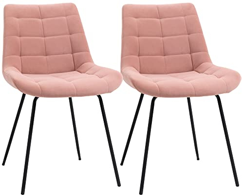 HOMCOM Esszimmerstühle 2er Set Küchenstuhl mit Rückenlehne, Samtoptik, Sessel Stühle, Wohnzimmerstuhl mit Stahlbeine Retrodesign Polsterstuhl für Esstisch, Rosa