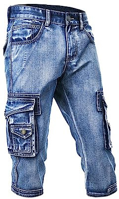 DGKaxiyaHM Hommes 3/4 Cargo Biker Denim Shorts Jeans Biker Stretch D'éTé à Poches LatéRales Jean Court Slim Fit Casual Capri (Bleu,40)