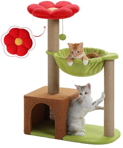 MUTTROS Árbol de flores para gatos con postes rascadores de sisal, bonita torre para gatos de 35 pulgadas con hamaca verde grande para gatos pequeños de interior, condominio para gatos con cama de